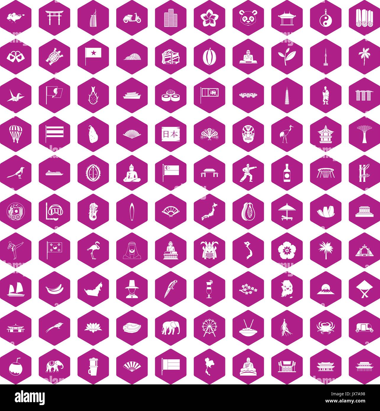 100 icônes asiatique violet hexagonale Illustration de Vecteur