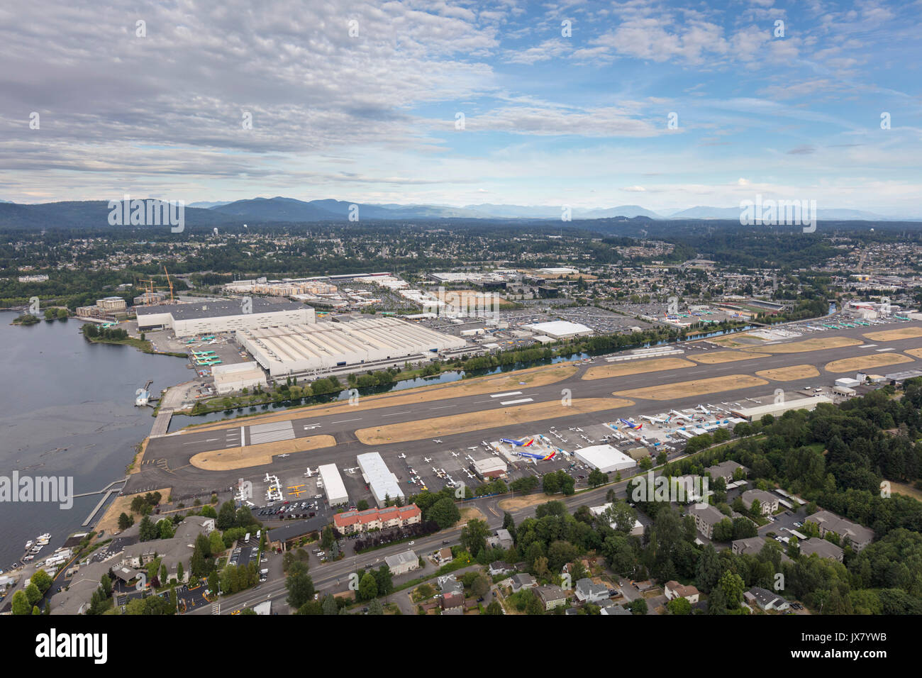Vue aérienne de l'Aéroport Municipal et Boeing Renton Factory, Renton, Washington State, USA Banque D'Images