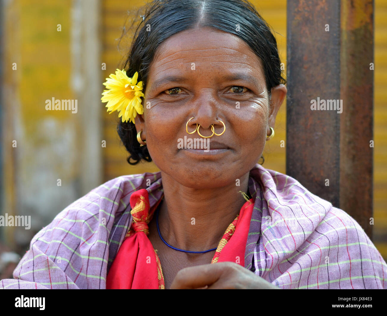 Femme indienne Adevasi avec trois anneaux tribales dorés et une fleur de marigold jaune derrière son oreille pose pour la caméra. Banque D'Images