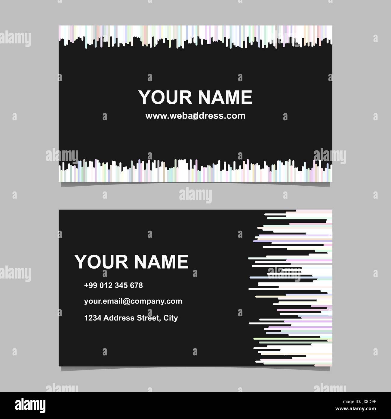 Jeu de carte de visite - illustration de la carte id de scénario avec des rayures dans des tons clairs sur fond noir Illustration de Vecteur