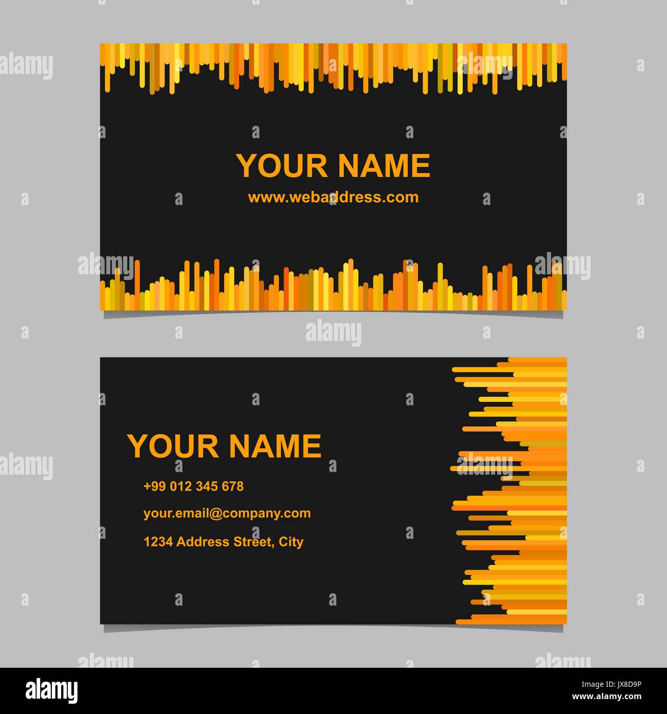 Modèle de carte d'affaires couleur - namecard design avec bandes verticales dans les tons orange sur fond noir Illustration de Vecteur