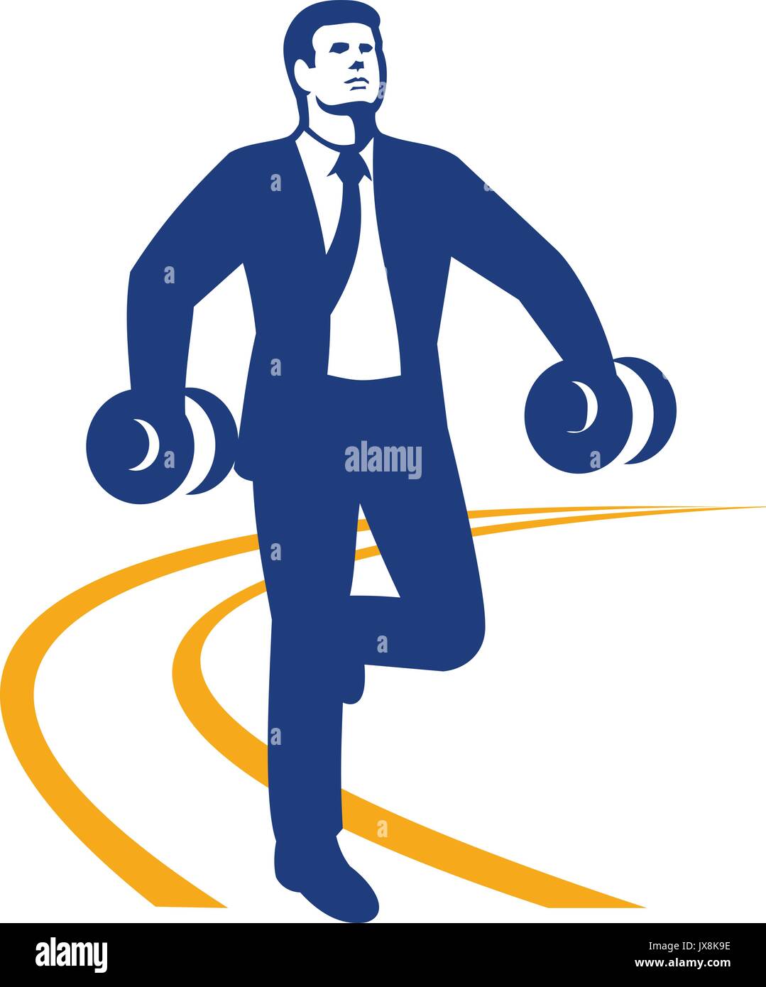 Illustration d'un employé de bureau d'affaires en costume cravate et manteau de la marche avec haltères courtes sur les deux mains fait en style rétro. Illustration de Vecteur