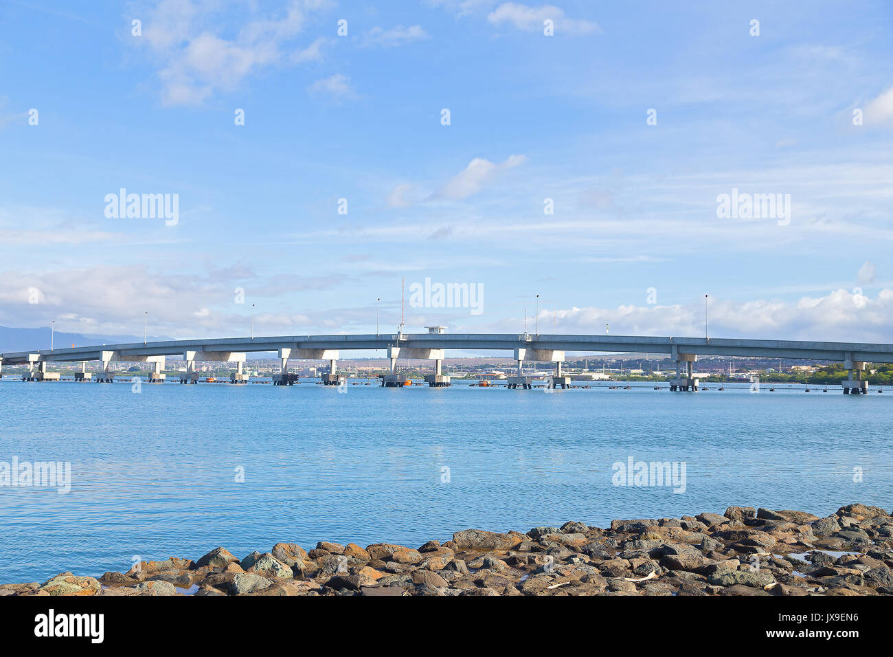 Amirauté Clarey, pont de l'Île Ford, Pearl Harbor, Hawaii. Vue sur le pont de la rive des pierres sur une journée ensoleillée. Banque D'Images