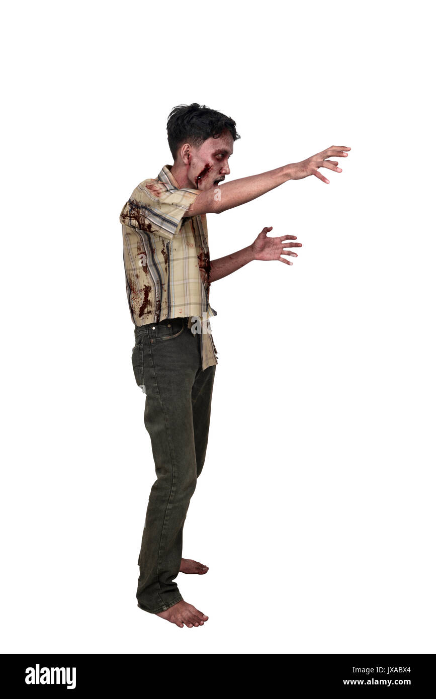Portrait of asian man zombie avec la main pour atteindre vous avez isolé sur fond blanc Banque D'Images