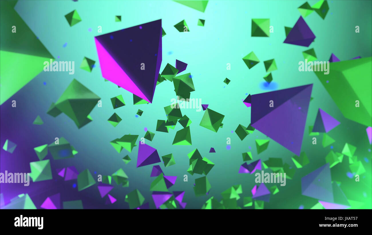 Rendu 3D futuriste et multicolore de taille différentes pyramides volant dans l'aci à la lumière vert et violet. L'image Banque D'Images