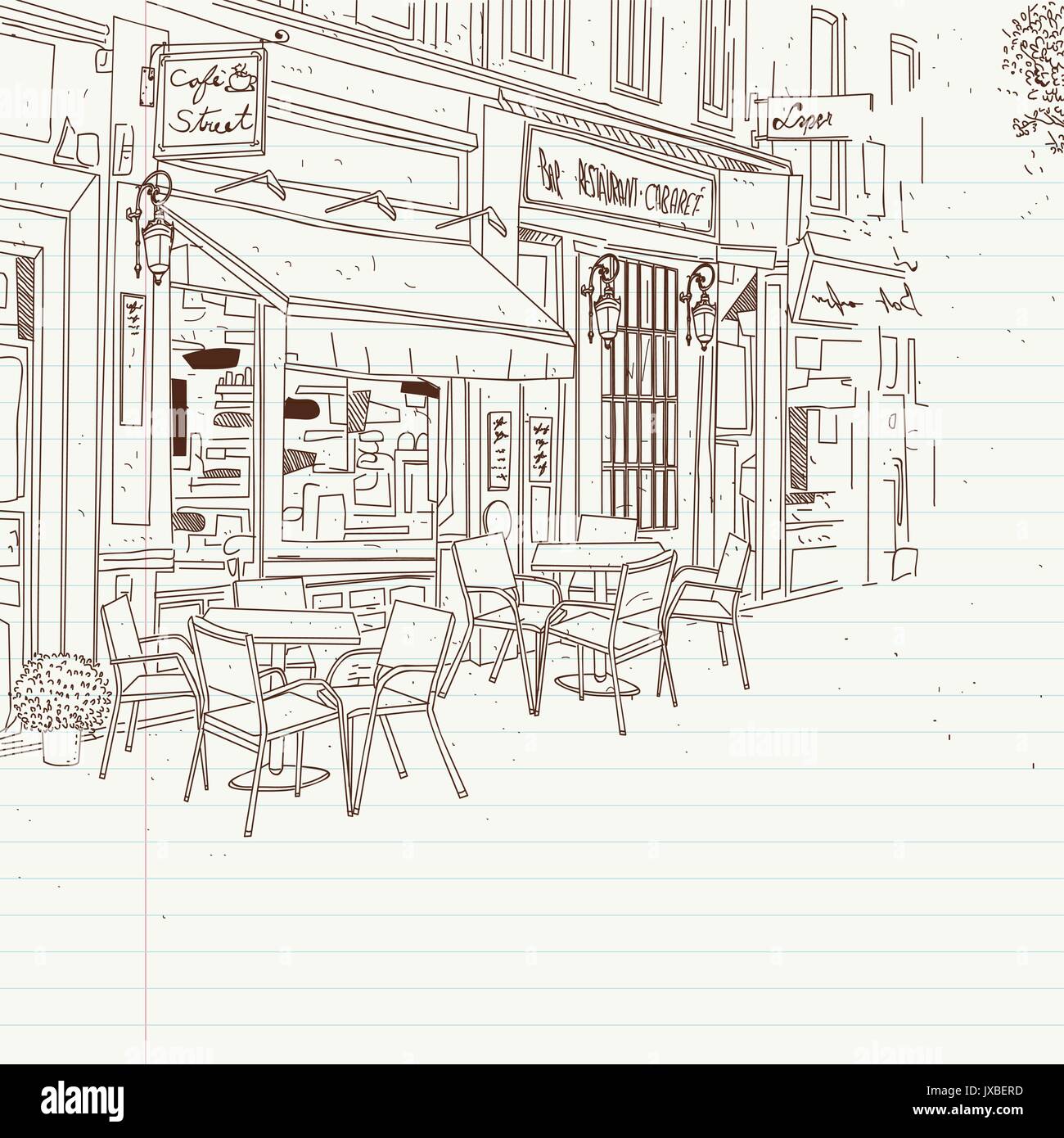 Street Cafe, croquis d'un dessin sur papier Illustration de Vecteur