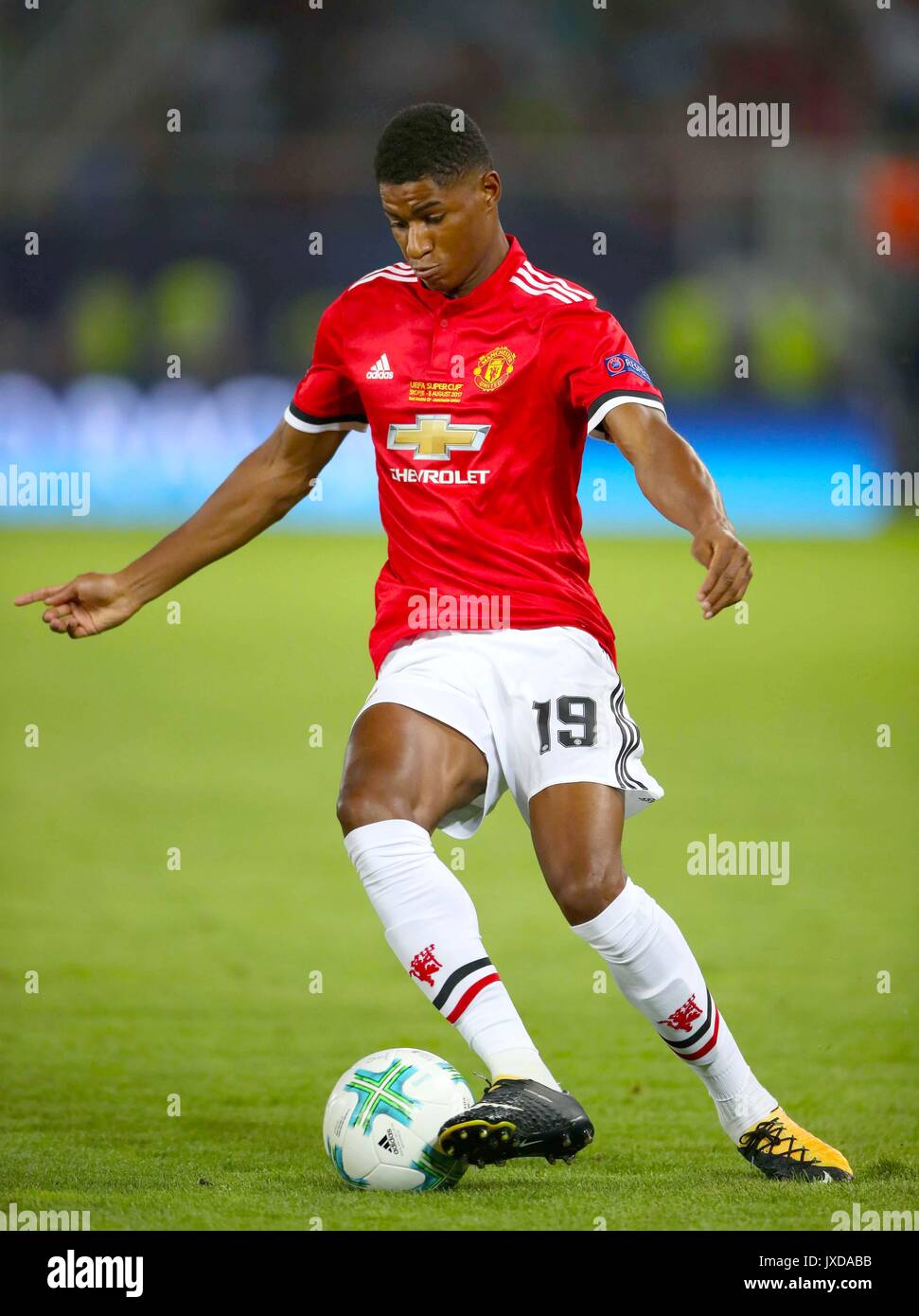 Marcus Rashford Manchester United, lors de la Super Coupe de l'UEFA match à la Philip II Arena, Skopje, Macédoine. Banque D'Images