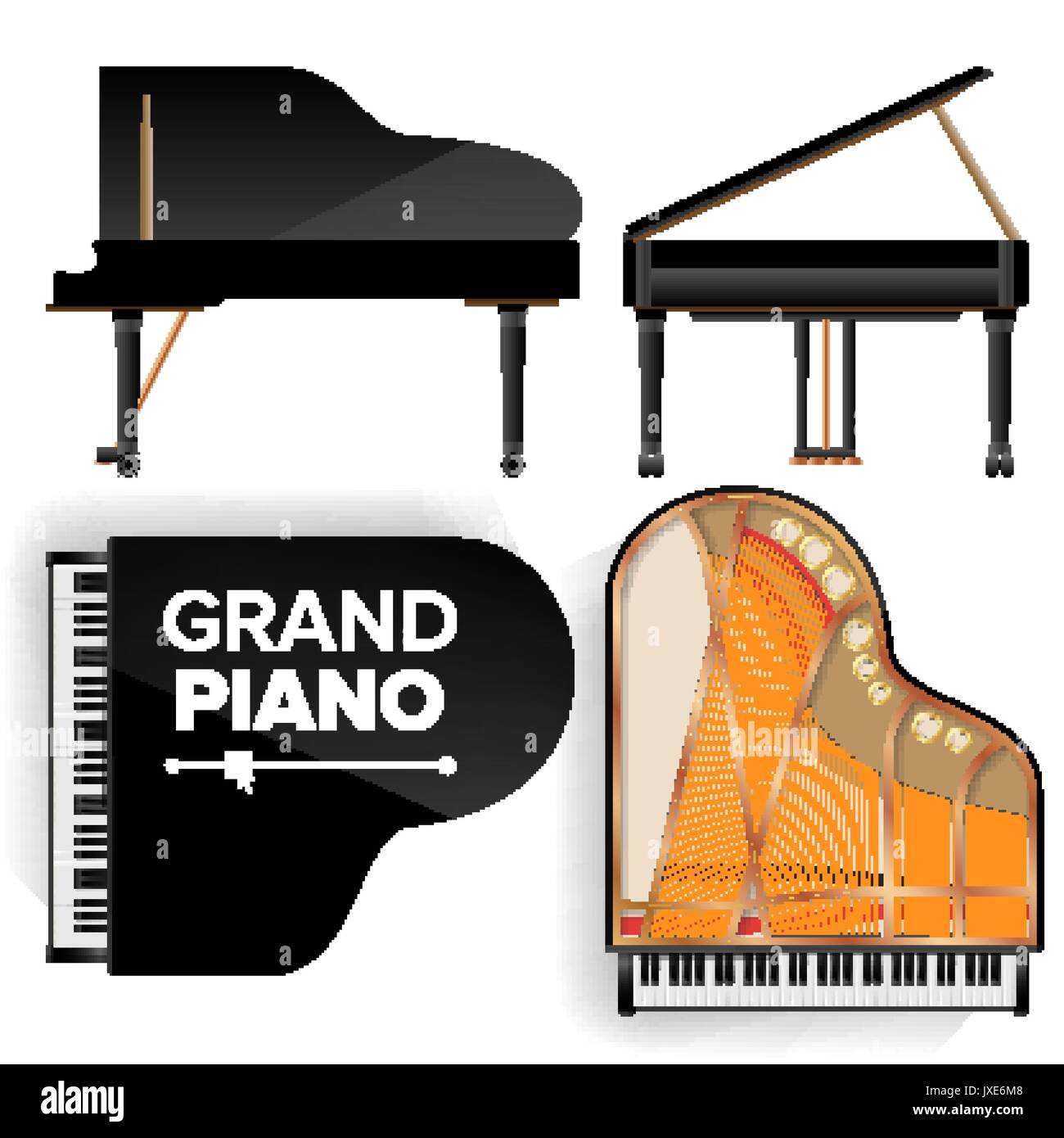 Piano à queue noir Définir l'icône vecteur avec l'ombre. Clavier réaliste. Illustration isolé. Haut et vue arrière Illustration de Vecteur