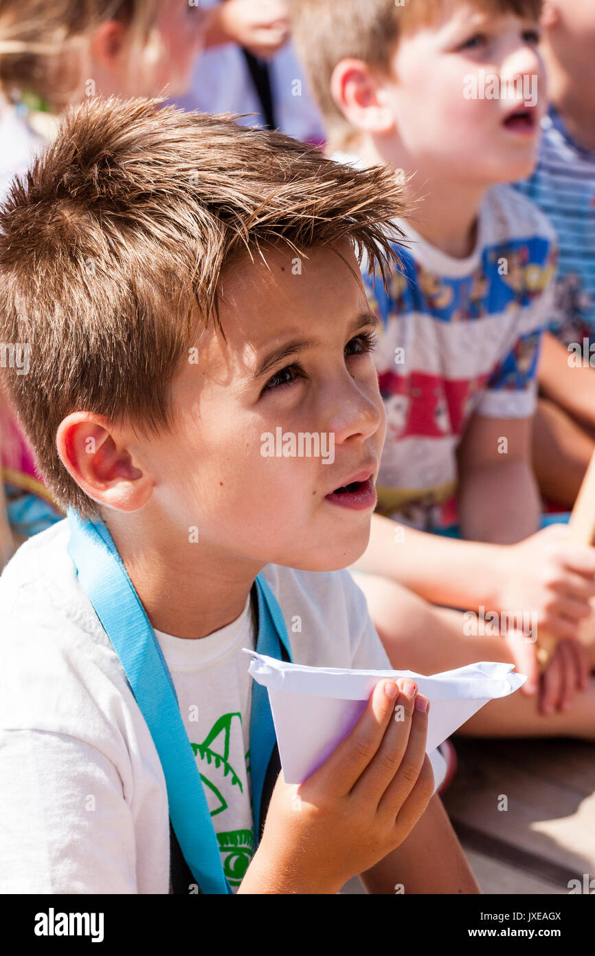 Close up head shot of young Caucasian enfant, garçon assis avec d'autres enfants. La moitié avant, vue latérale du garçon, 5-6 ans, de regarder quelque chose, (invisible). Banque D'Images