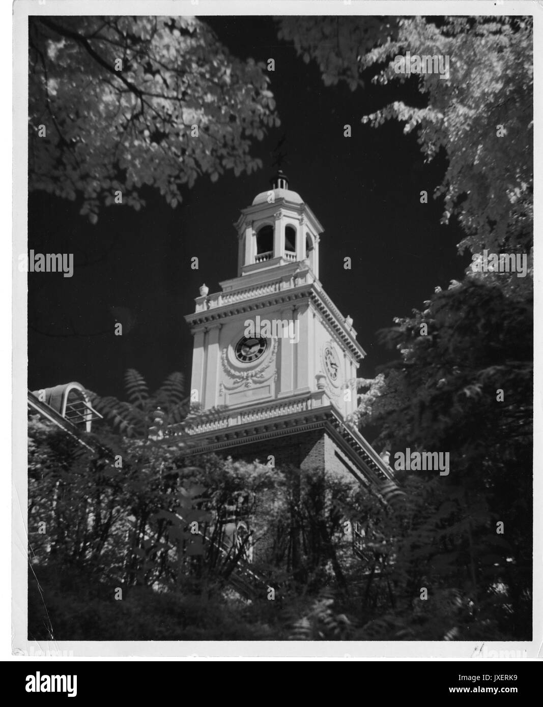 Gilman Hall extérieur, Close up of tower flanquée de buissons, 1950. Banque D'Images