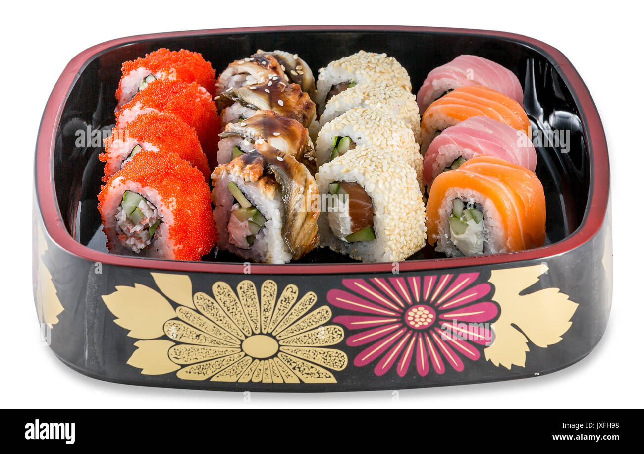 Ensemble plaque sushi Fusion - isolated on white background, Studio shot Banque D'Images