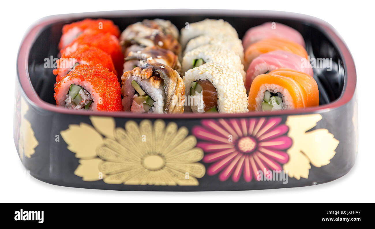 Ensemble plaque sushi Fusion - isolated on white background, Studio shot. Profondeur de champ Banque D'Images