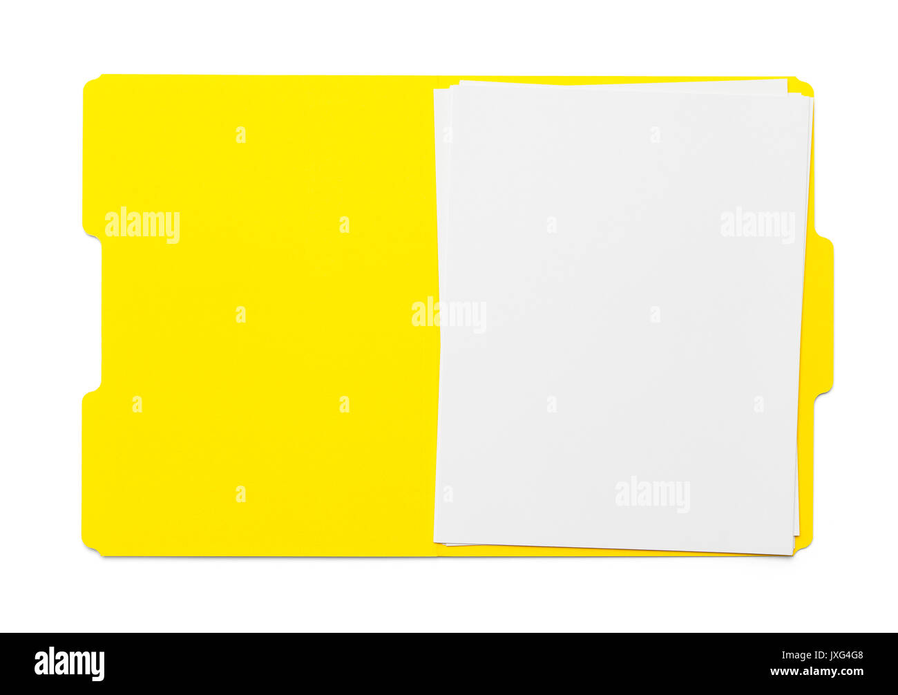 Ouvrir le dossier avec le papier jaune isolé sur fond blanc. Banque D'Images