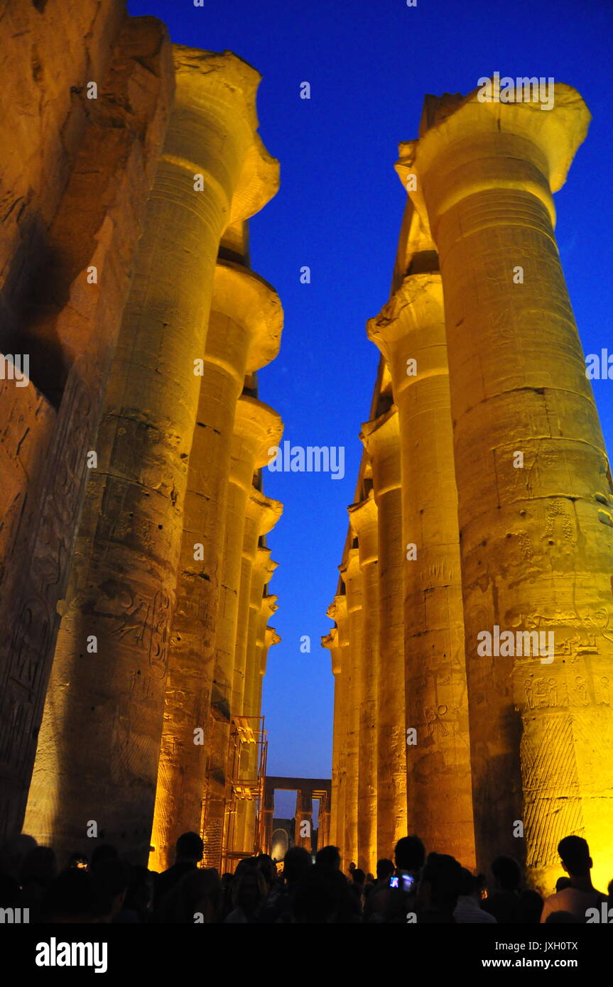 Les colonnes de l'Egypte des temples illuminée par des lumières dans la nuit Banque D'Images