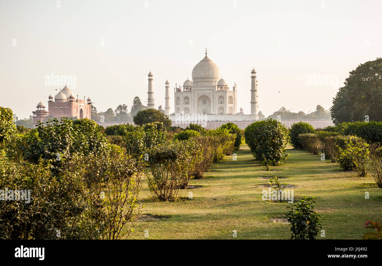 Le Taj Mahal vu depuis le nord de l'autre côté de la rivière Yamuna dans l'après-midi, Agra, Inde. Banque D'Images