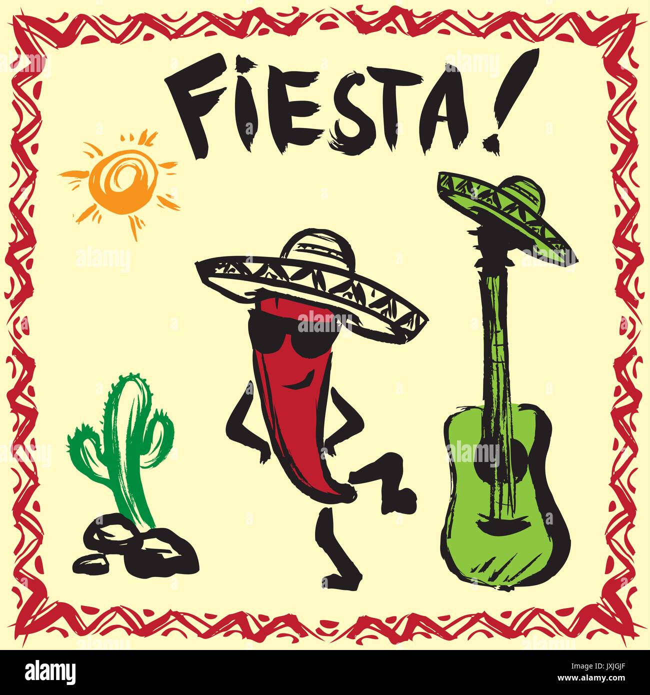 Invitation à une fête mexicaine avec les maracas, sombrero, danse de poivron rouge et de la guitare. Hand drawn vector illustration poster Illustration de Vecteur