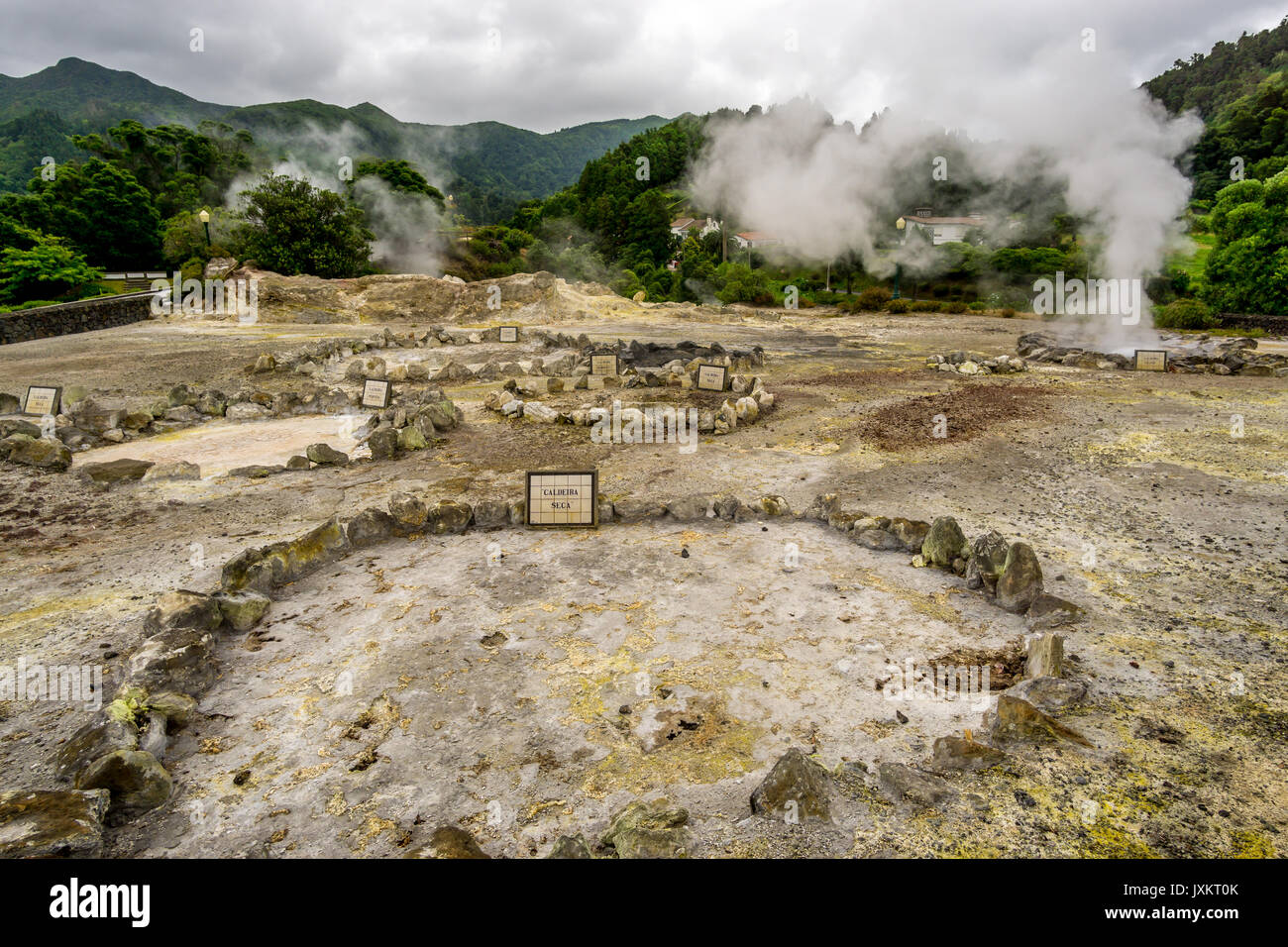 Caldeira das Furnas. Les sources chaudes et les fumerolles dans le centre-ville de Furnas, Sao Miguel, Açores. Banque D'Images