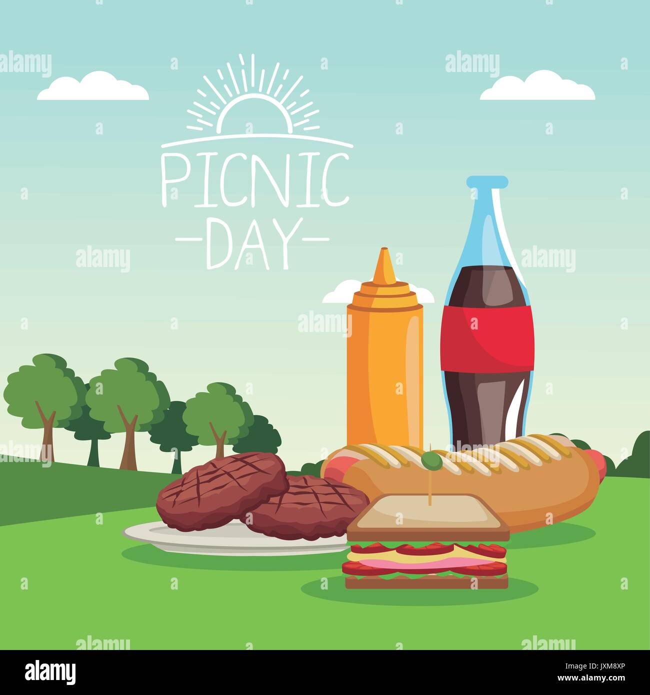 Affiche en couleurs paysage scène de pique-nique avec barbecue et sauce de soude dans l'herbe Illustration de Vecteur