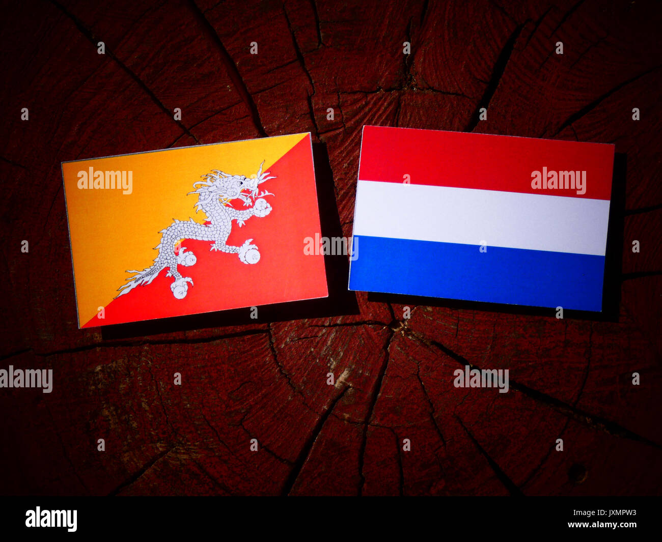 Bhoutan drapeau avec pavillon néerlandais sur une souche isolée Banque D'Images