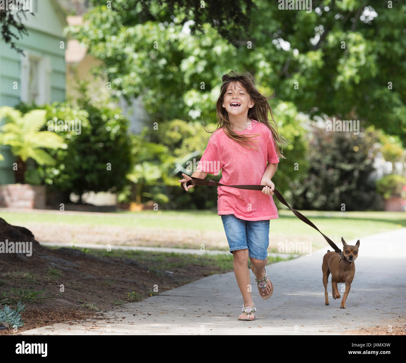 Girl walking dog in street Banque D'Images