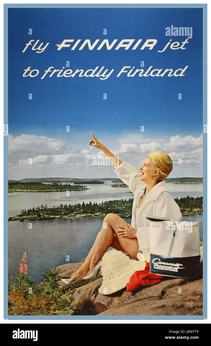 La publicité des années 60 pour l'affiche de la compagnie aérienne Finnair 'Fly Jet à Friendly Finlande' Tourisme holiday vacation poster avec le célèbre archipel des lacs Banque D'Images