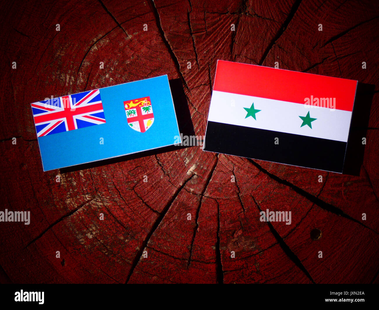 Drapeau fidjien avec drapeau syrien sur une souche isolée Banque D'Images