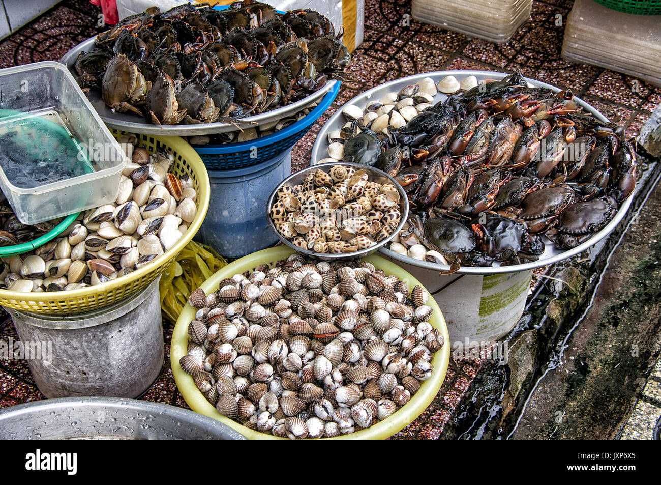 L'Escargot et les crabes à vendre dans un marché en plein air à Hanoi, Vietnam. Banque D'Images