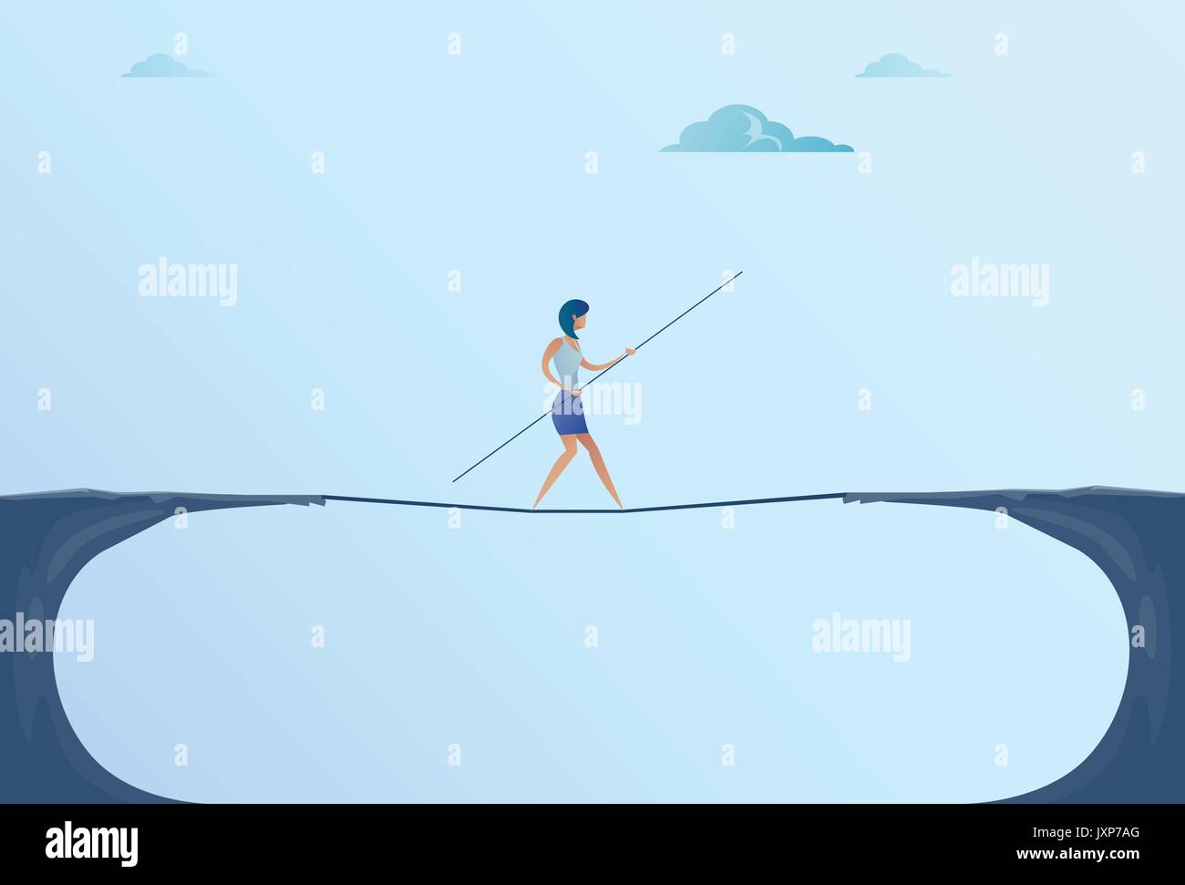 Businesswoman marcher sur falaise Gap Mountain Business Woman Balancing bâton en bois Bridge Illustration de Vecteur
