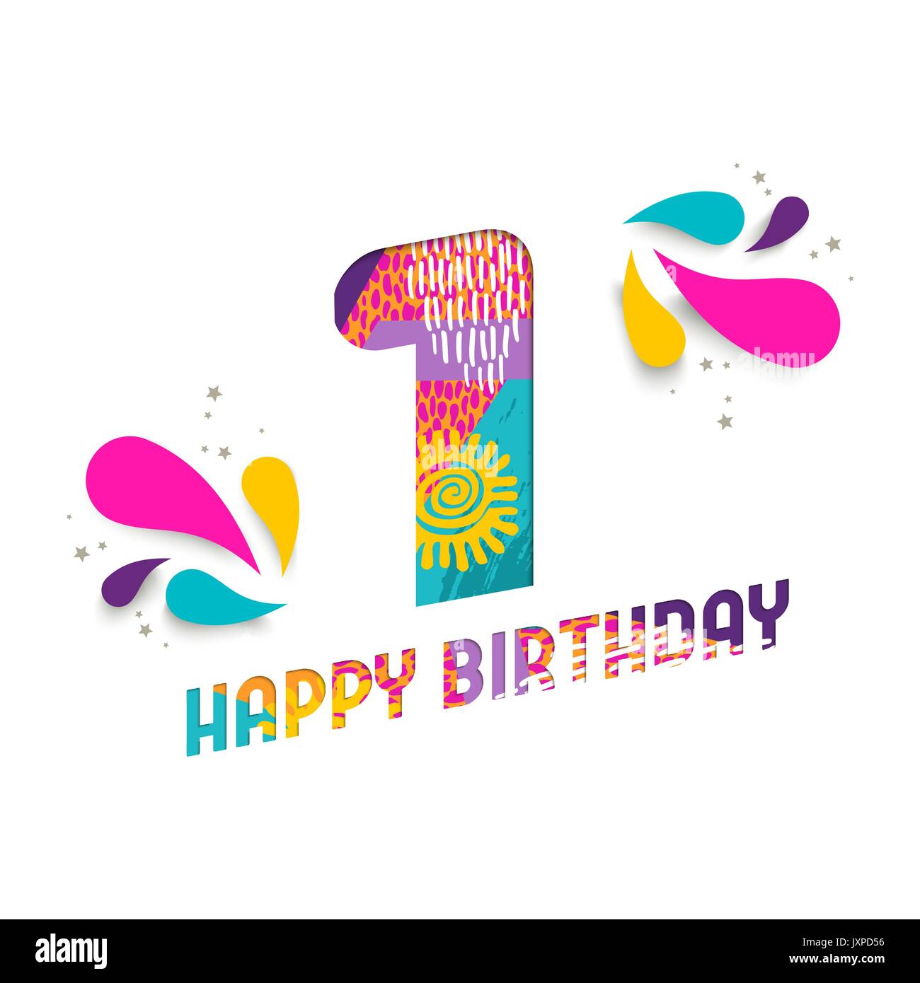 Joyeux Anniversaire Une Annee 1 Amusant Papier Coupe Numero Et Le Texte De L Etiquette Avec Colourful Abstract Art Dessine A La Main Ideal Pour Poster Cartes De Vœux Ou D Un Parti Image