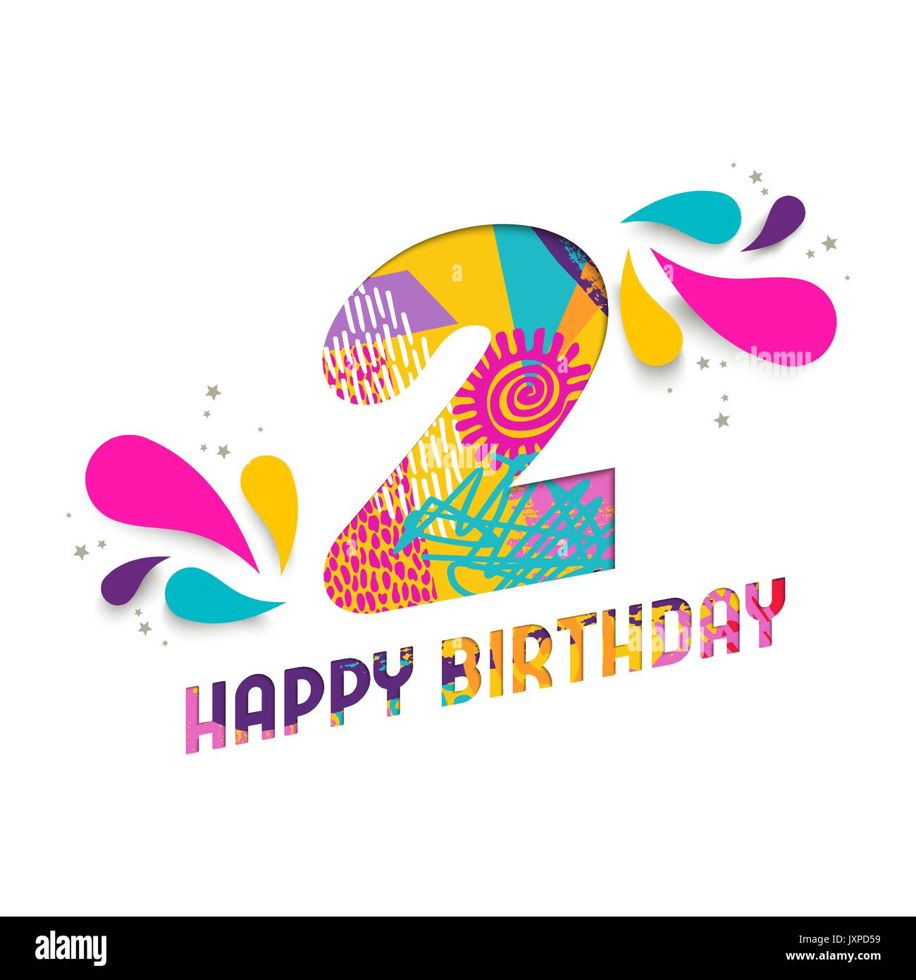 Joyeux Anniversaire Deux 2 Ans Amusant Papier Coupe Numero Et Le Texte De L Etiquette Avec Colourful Abstract Art Dessine A La Main Ideal Pour Poster Cartes De Vœux Ou D Un Parti Image