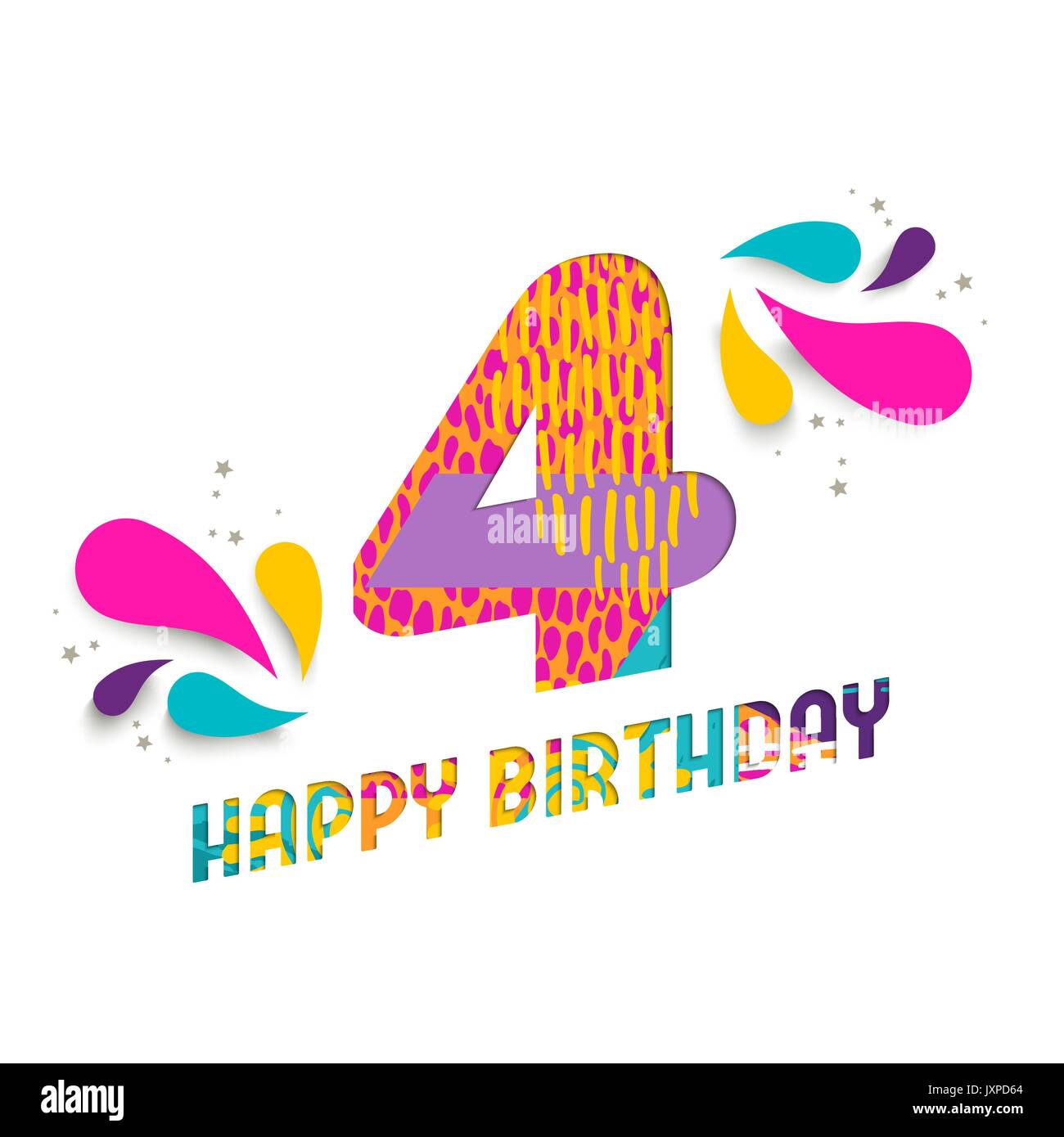 Joyeux Anniversaire Quatre 4 Ans Amusant Papier Coupe Numero Et Le Texte De L Etiquette Avec Colourful Abstract Art Dessine A La Main Ideal Pour Poster Cartes De Vœux Ou D Un Parti Image