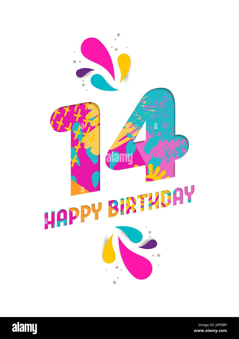Joyeux Anniversaire 14 Ans Coupe Papier Amusant Numero Et Le Texte De L Etiquette Avec Colourful Abstract Art Dessines A La Main Ideal Pour L Affiche De L Evenement Special Le Gre Image Vectorielle Stock