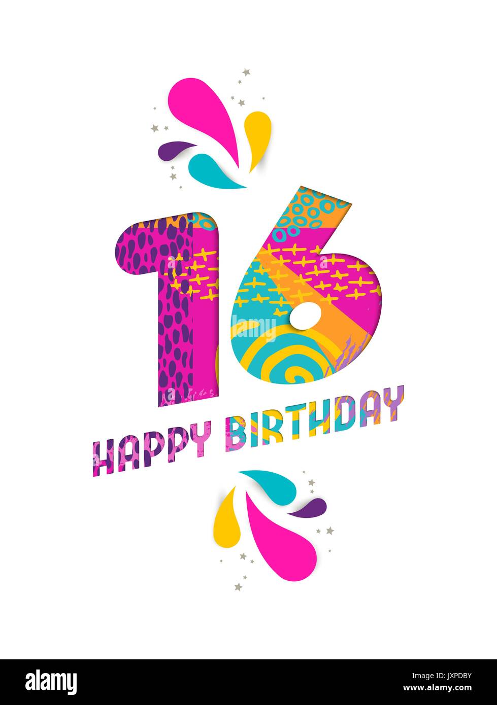 Joyeux Anniversaire 16 Ans 16 Ans Coupe Papier Amusant Numero Et Le Texte De L Etiquette Avec Colourful Abstract Art Dessines A La Main Ideal Pour Un Evenement Special L Affiche De La Gree