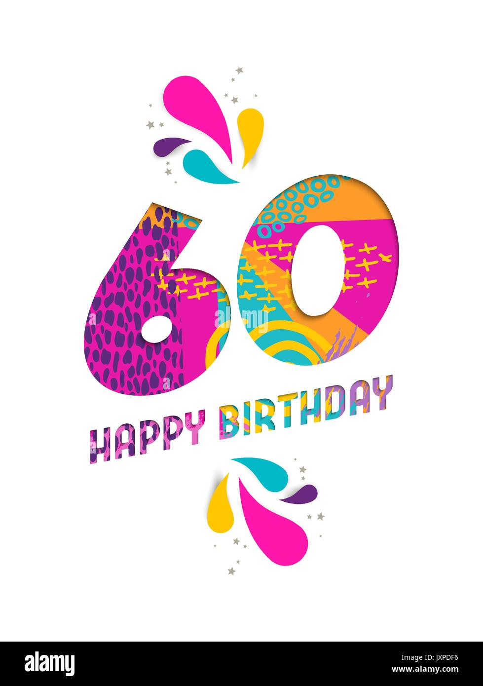 Joyeux anniversaire soixante ans 60, fun papier coupé numéro et le texte de l'étiquette avec colourful abstract art dessinés à la main, idéal pour un événement spécial, l'affiche greeti Illustration de Vecteur