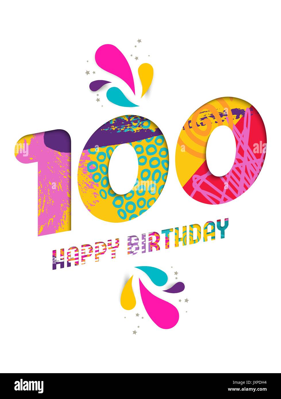 Joyeux anniversaire cent 100 ans, amusant papier coupé numéro et le texte de l'étiquette avec colourful abstract art dessinés à la main, idéal pour un événement spécial, de l'affiche Illustration de Vecteur