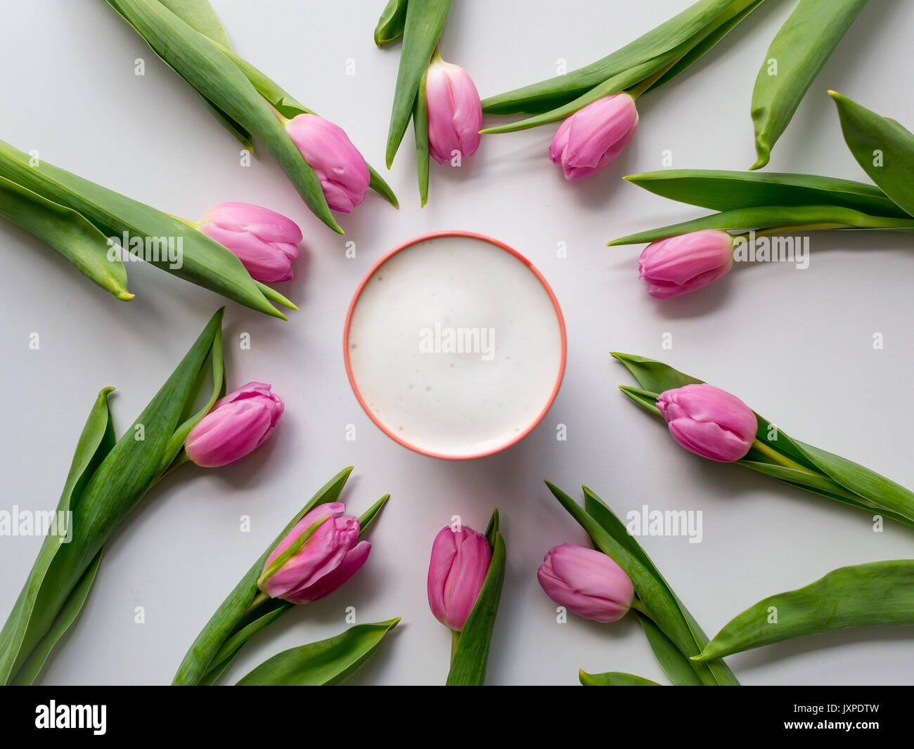 Tulipes roses disposées en cercle sur un tableau blanc avec une tasse de cappuccino dans le centre. Mise à plat. Le format paysage. Banque D'Images
