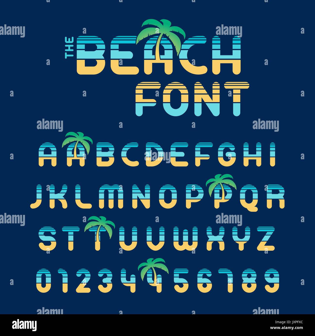 La plage complète des chiffres et des lettres de l'alphabet font en jaune et bleu avec des palmiers tropicaux de conceptuelle des vacances et voyage, vector illust Illustration de Vecteur