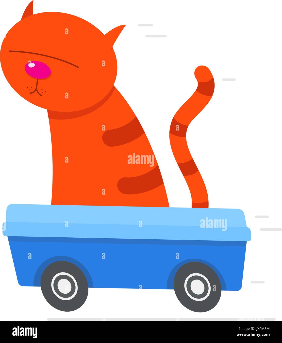 Cartoon chat rouge assis dans sa litière roulant à vitesse avec des lignes de mouvement derrière, vector illustration Illustration de Vecteur