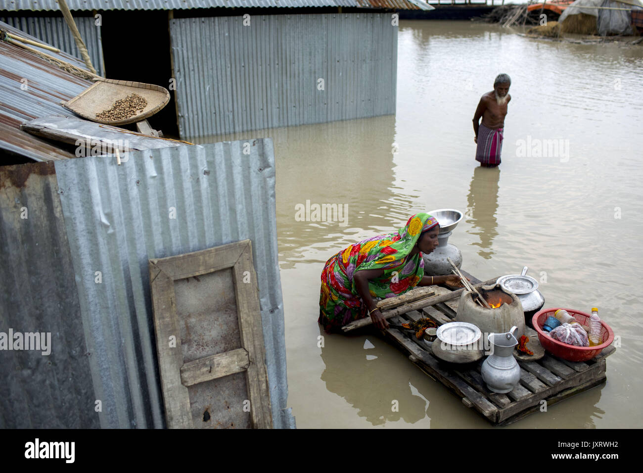 Bogra, Bangladesh. Août 16, 2017. Une femme cuit les aliments dans les eaux dans la zone Manikdi à Bogra. Credit : K M Asad/ZUMA/Alamy Fil Live News Banque D'Images