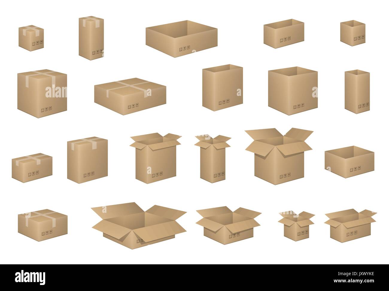 Grand ensemble de boîtes de carton isométrique isolé sur blanc. Boîte de carton organisé par couches. Vector illustration de l'emballage. L'emballage de livraison en carton ouvertes et fermées avec des signes fragiles. Illustration de Vecteur