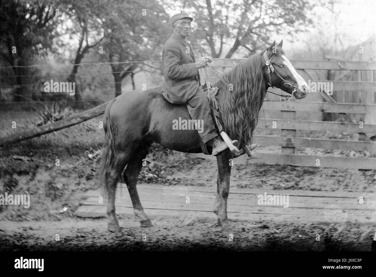 Portrait assis plein pied d'un homme africain mature à cheval (Old Uncle 'Billy' sur le poney de BWB), portant un costume sombre, des lunettes et un chapeau, assis à l'extérieur devant une clôture en bois, expression neutre, 1920. Banque D'Images