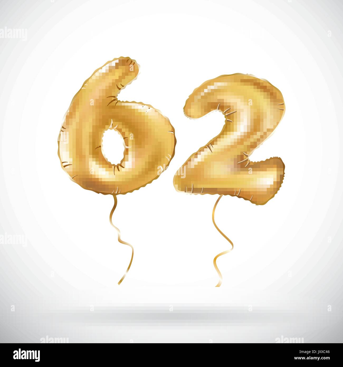 Vector nombre d'Or 62 soixante deux ballon métallique. Ballons d'or partie de la décoration. Anniversaire signe pour happy holiday, fête, anniversaire, carni Illustration de Vecteur