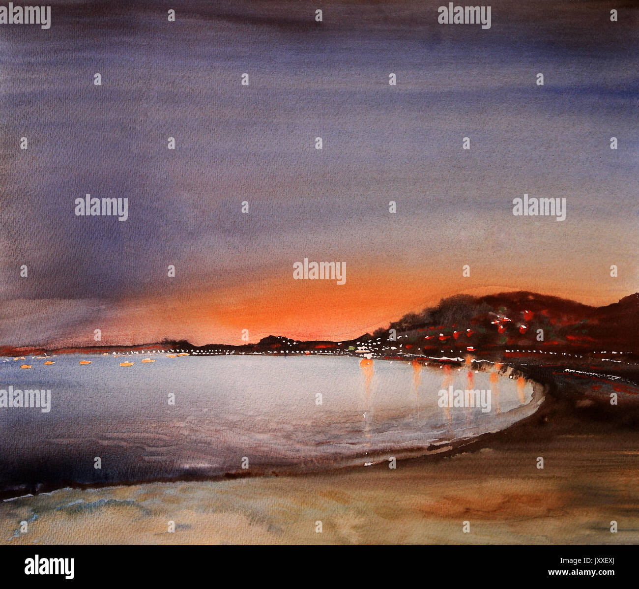 Peinture Aquarelle paysage de coucher du soleil dans la Côte d'Azur, France. Banque D'Images