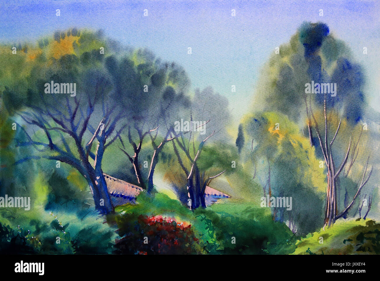 Peinture Aquarelle paysage pays Banque D'Images