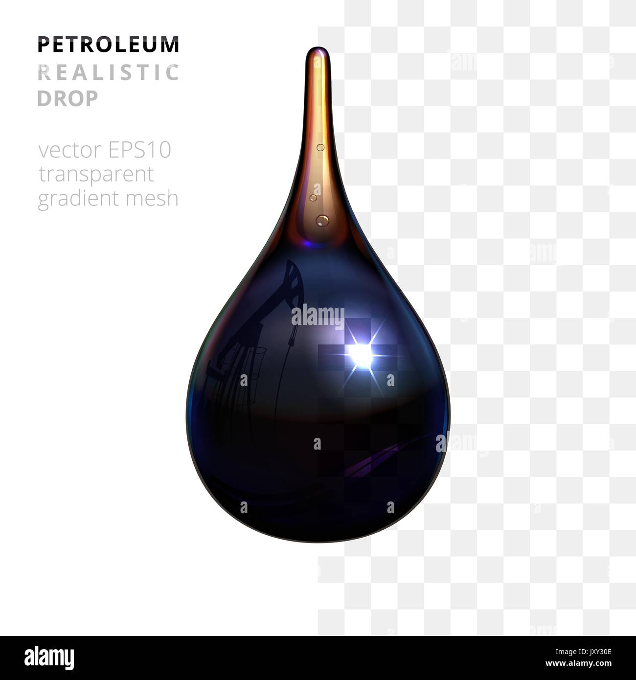 Transparent vecteur drop. pétrole 3D réaliste d'une goutte de pétrole brut. Cordon de l'or noir liquide avec un reflet de la pompe à huile et twin pipeline. Illustration de Vecteur
