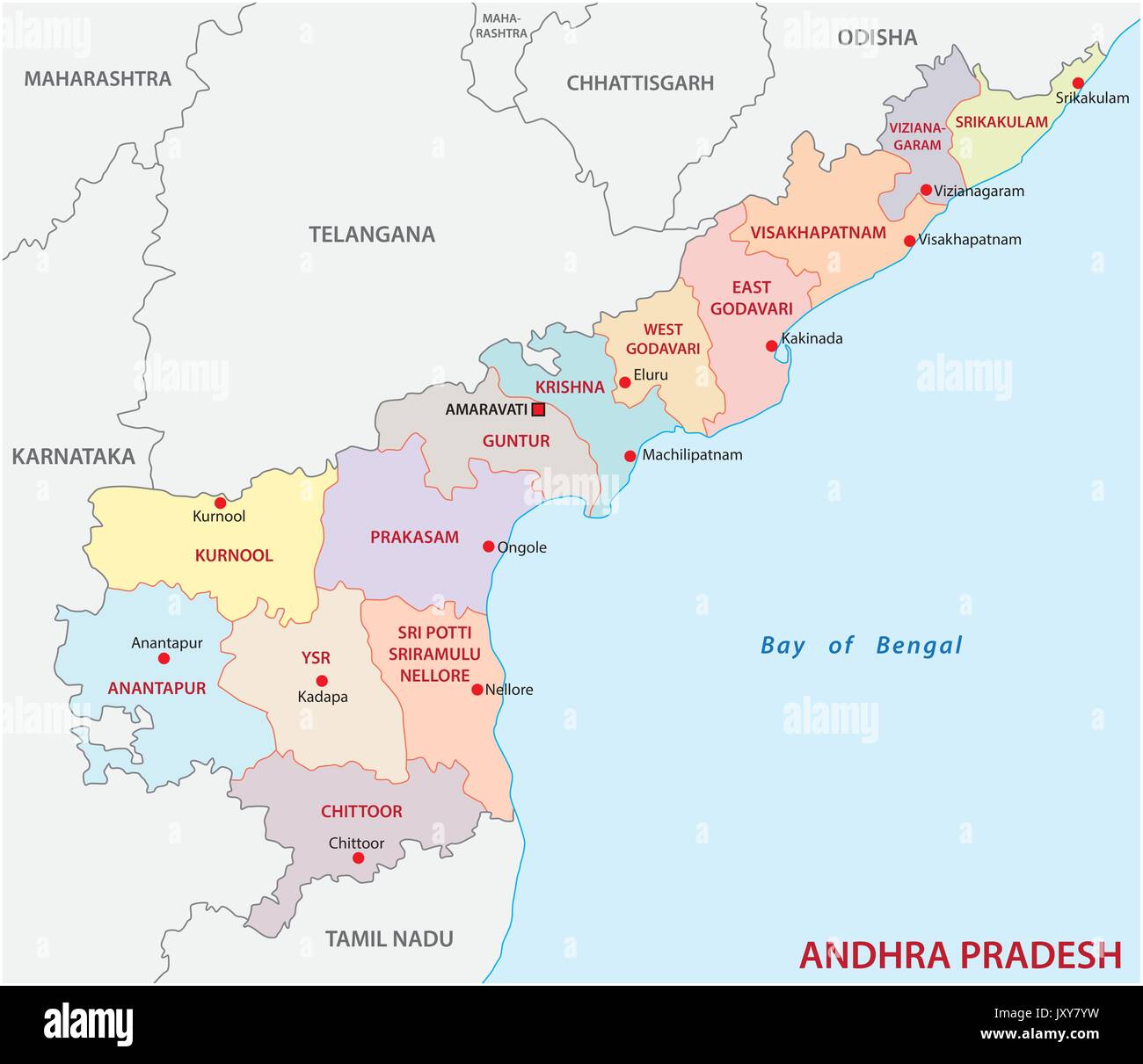 L'Andhra Pradesh et d'administration, la carte politique de l'Inde. Illustration de Vecteur