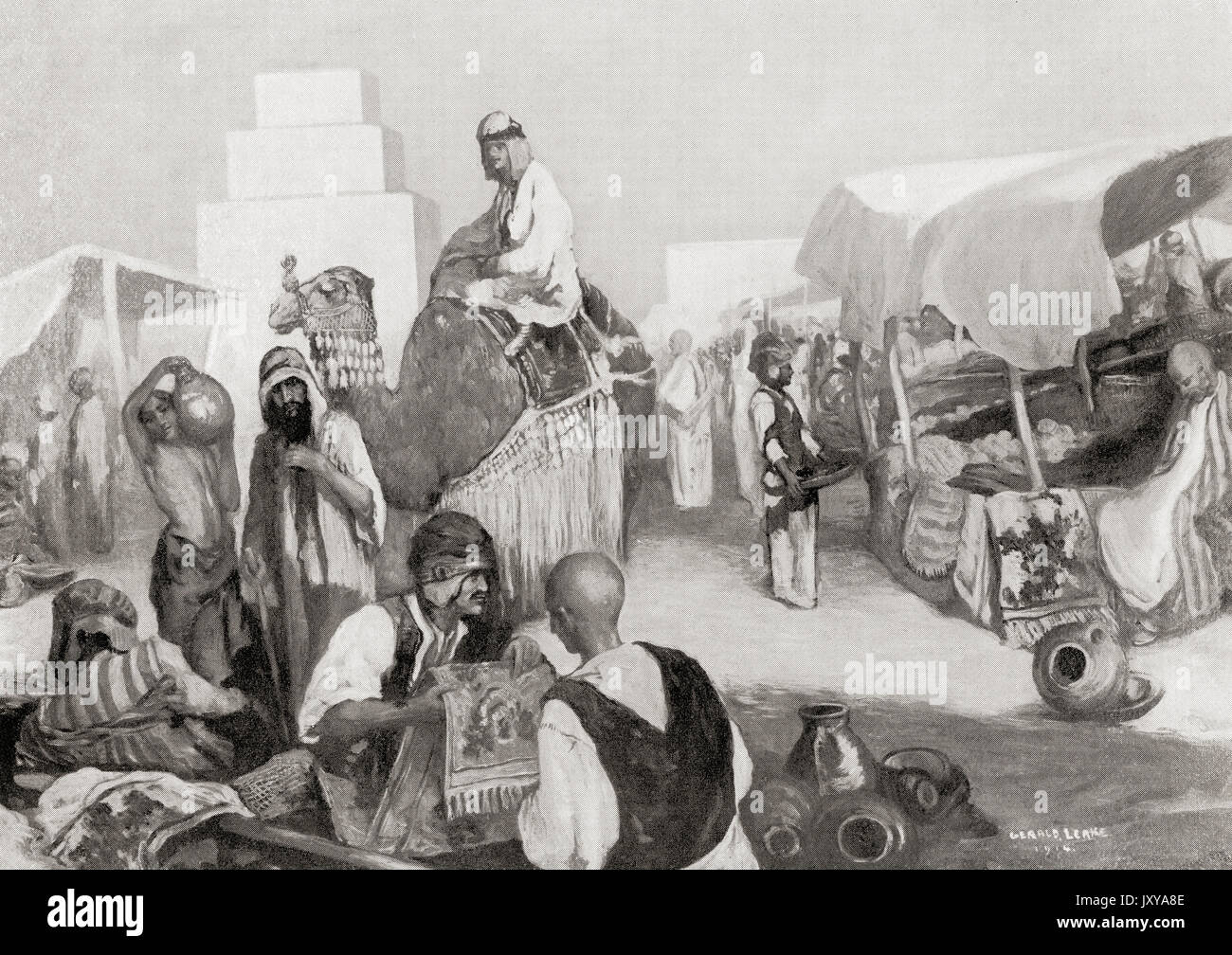 La place du marché dans l'antique ville sumérienne de Nippur. C'est dans le temple d'Enlil, le dieu principal des Sumériens, dont le temple-tour est vu passant par étapes au-dessus de la ville. L'histoire de Hutchinson de l'ONU, publié en 1915. Banque D'Images