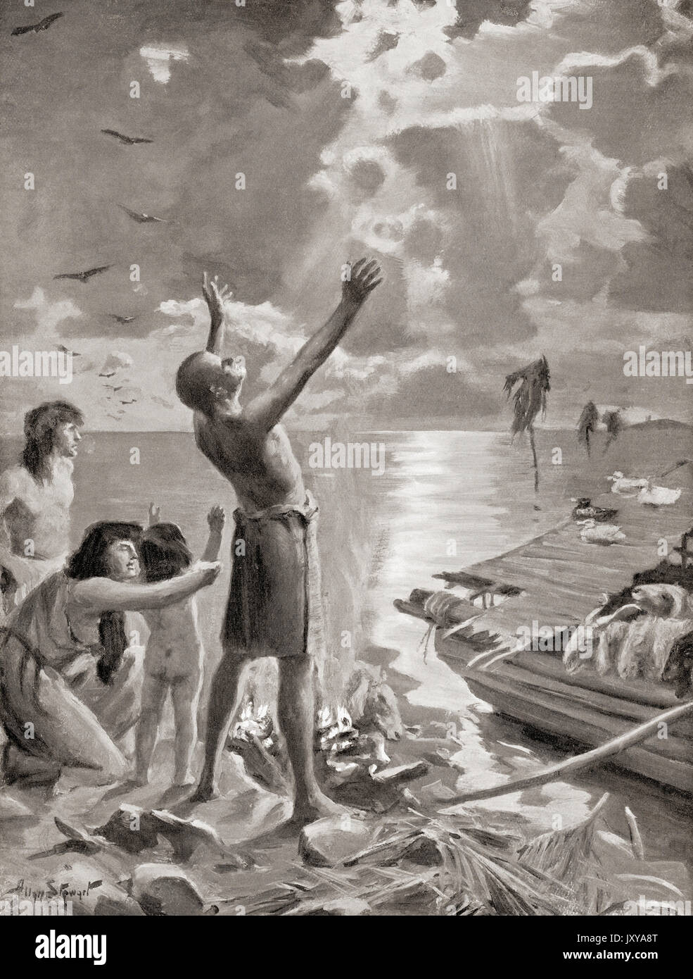 Le sacrifice du Zingiddu après le déluge. Le prêtre-roi Zingiddu, après avoir été divinement averti de l'approche d'une inondation, d'échappé dans son bateau avec la famille et les animaux et quand après 7 jours, la pluie a cessé, sacrifiait un taureau et une brebis à Enlil, le chef divinité sumérienne. Après la peinture par Allan Stewart, (1865-1951). L'histoire de Hutchinson de l'ONU, publié en 1915. Banque D'Images