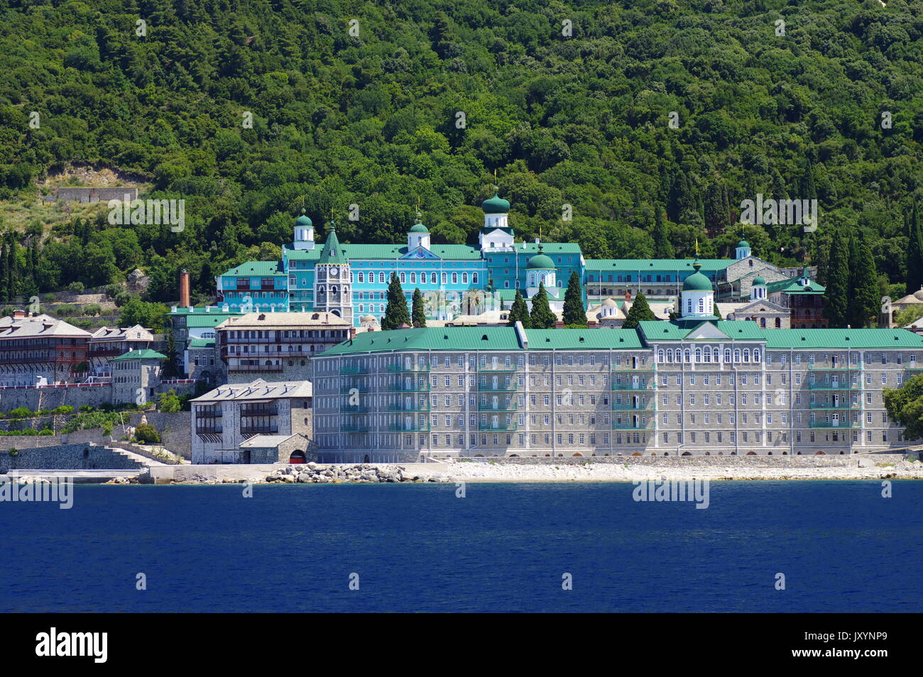Péninsule Athos, la Grèce. Le monastère d'Aghios Panteleimon, connu comme Rossikon, situé dans la République des moines sur la péninsule d'Athos. Banque D'Images