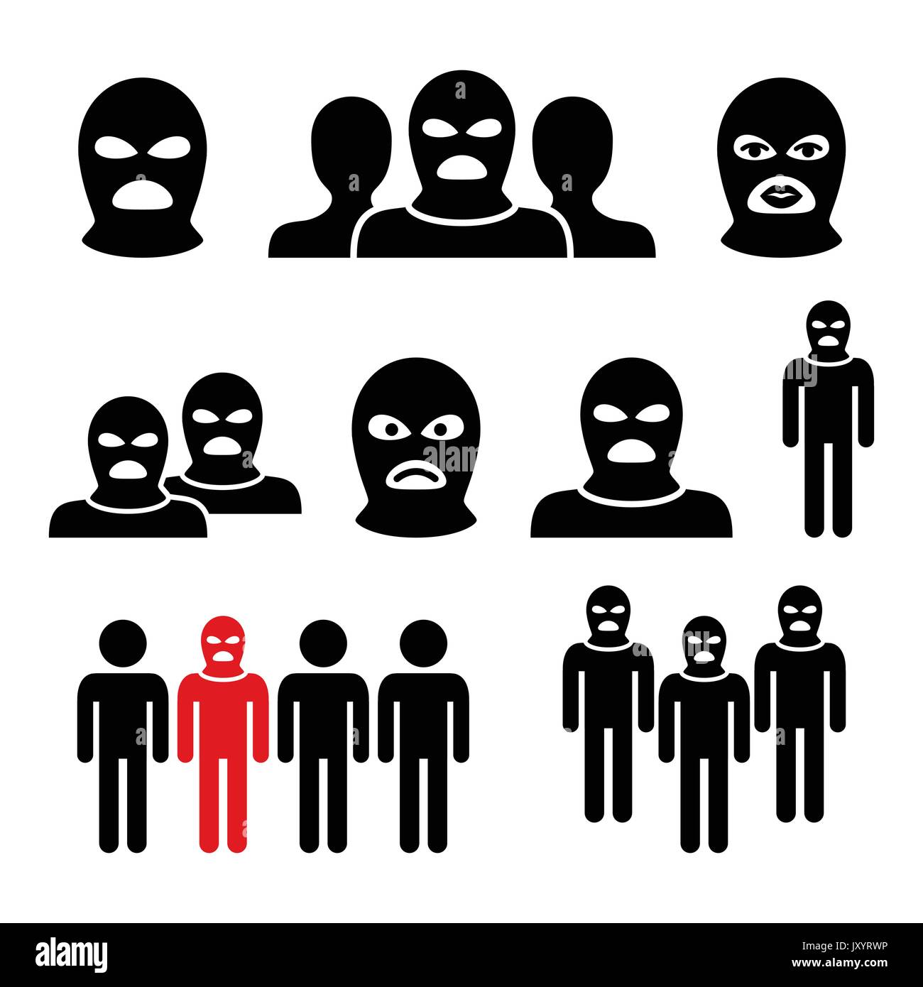 Groupe terroriste, des personnes dangereuses dans la balalave icônes ensemble Illustration de Vecteur